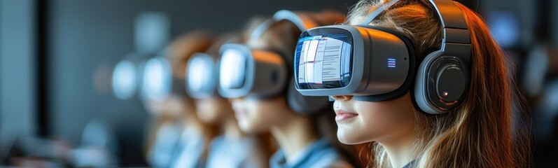 Several women wearing virtual reality headsets are sitting in a row banner