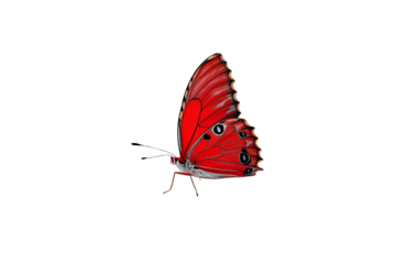 elegant red butterfly with delicate black outlines and subtle wing details, viewed from the side, no background