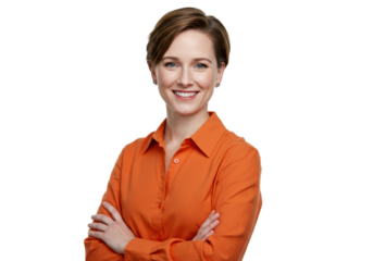 Young caucasian woman with brown bob, vibrant orange shirt, arms crossed, smiling confidently on transparent studio background, copy space, concept of professional expertise