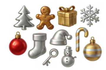 3d christmas icons set with transparent background featuring santa hat, christmas tree, gift, candy cane, gingerbread man, baubles, stocking, key, snowflake and snowman