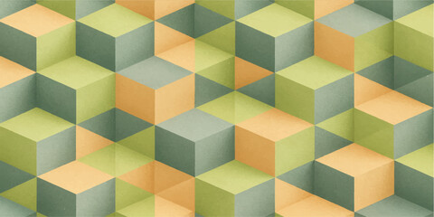Seamless vector illustration of a vibrant 3D geometric cube pattern on a colorful abstract background