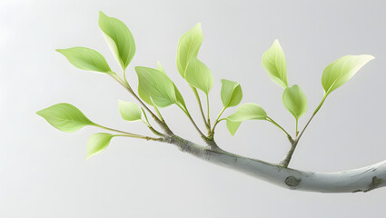 Flat vector illustration of a tree branch with soft green new leaves sprouting, isolated on white background, minimal clean botanical design