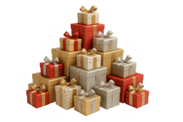 Pile of colorful gift boxes with ribbons forming a pyramid on transparent background