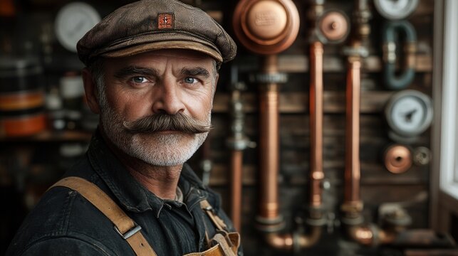 Man with a mustache and a hat in a room vintage plumber