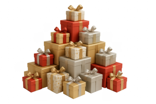 Pile of colorful gift boxes with ribbons forming a pyramid on transparent background