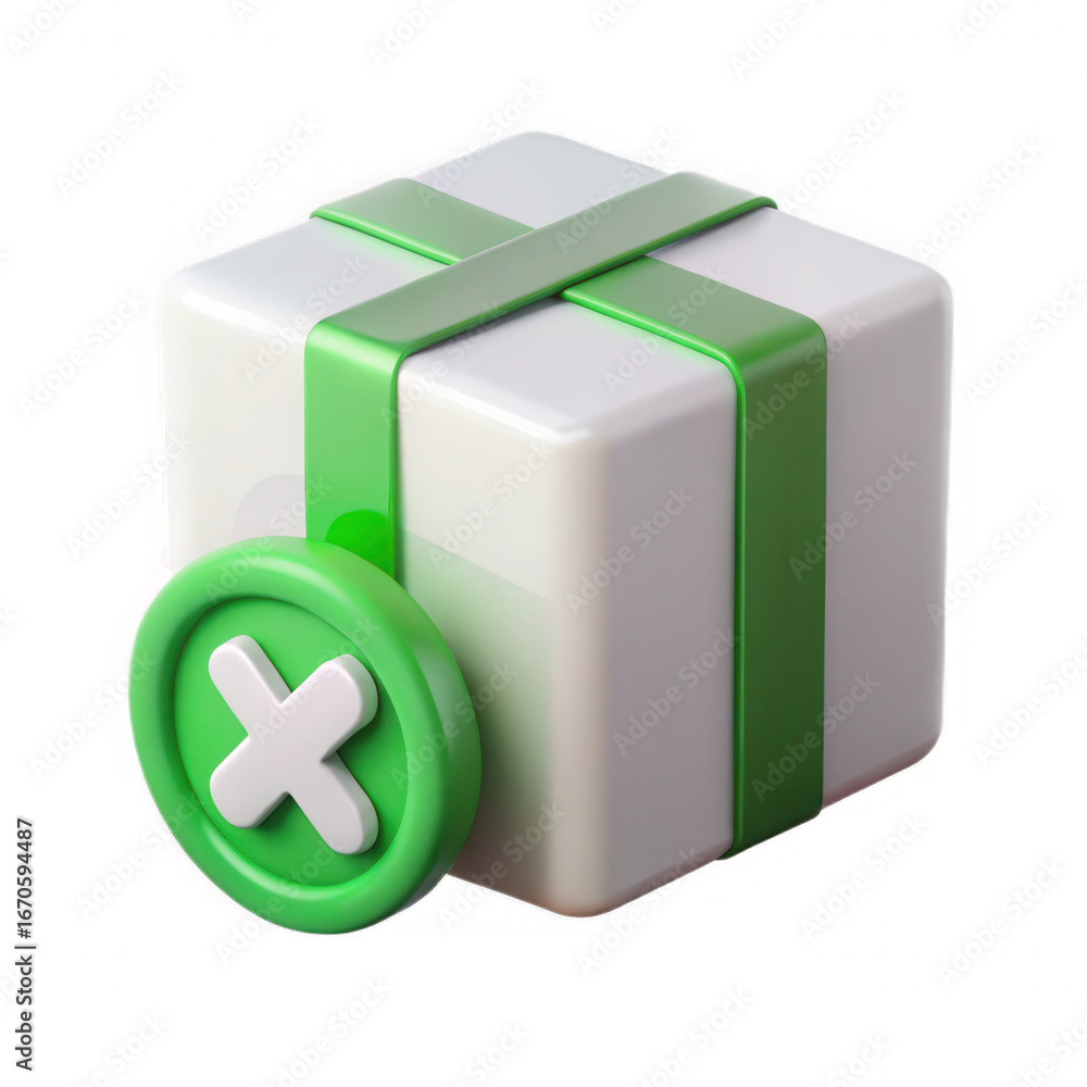 Poster stylized 3d rendering of a white gift box with green ribbon and a green checkmark icon isolated on t