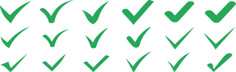 Green check mark icon set, hand-drawn checkmark illustration, approval check icon isolated on transparent green check mark symbols   © PUSPO