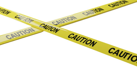 Bright yellow glossy caution tape with 'CAUTION' text, precisely laid on a transparent minimalist studio surface, top-down view, soft lighting, concept of strategic control in corporate context