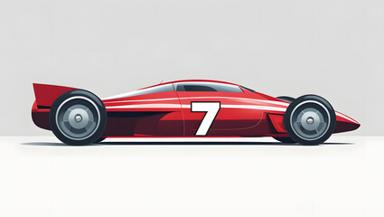 Cartoon flat vector clipart of a red racing car with number 7, minimal clean style, isolated on white background, sporty vehicle illustration
