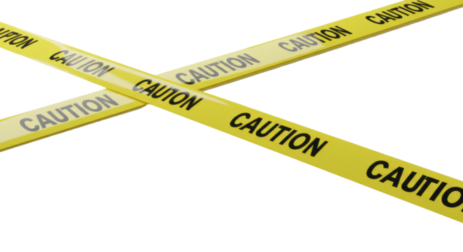 Bright yellow glossy caution tape with 'CAUTION' text, precisely laid on a transparent minimalist studio surface, top-down view, soft lighting, concept of strategic control in corporate context