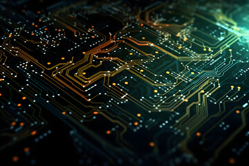 Obraz premium Close-up of a Neon Circuit Board with Glowing Orange Lines and Blue Lights