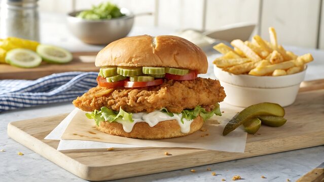 Crispy fried chicken sandwich with pickles and lettuce served with golden french fries on a wooden board - Powered by Adobe