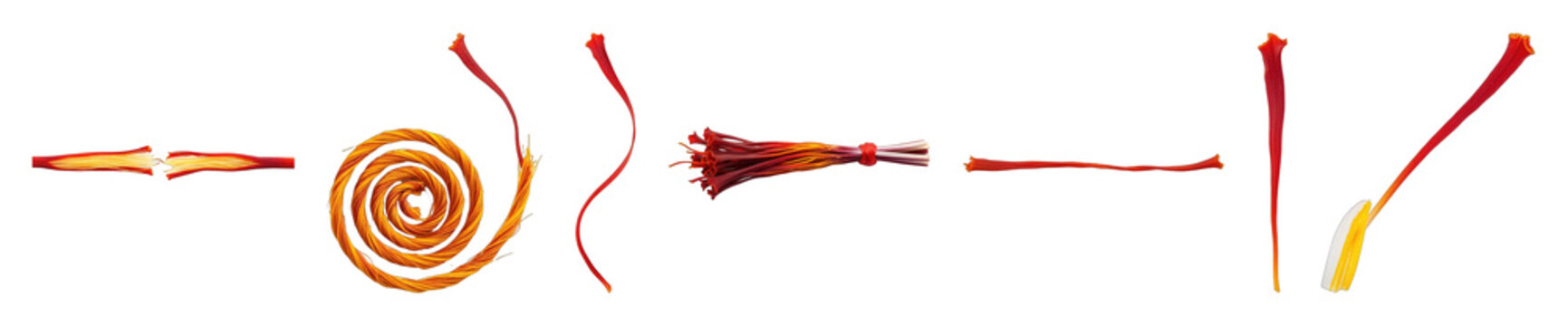 Saffron threads set including broken, coiled, bundled, and single stigmas isolated. Culinary spice collection for cooking and food.