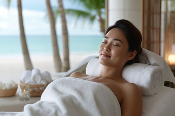Plakat Relaxing spa experience by the sea luxury hotel asian woman serene environment tranquil view