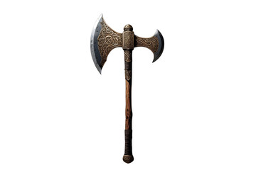ancient and ornate battle axe with intricate engravings on a dark handle, no background
