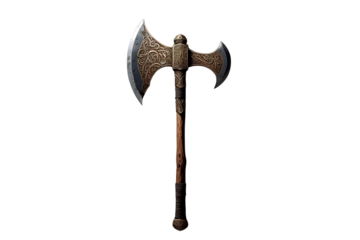 ancient and ornate battle axe with intricate engravings on a dark handle, no background