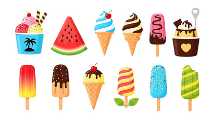 Delicious collection of colorful ice cream cones and popsicles