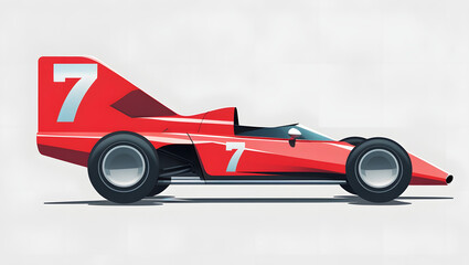 Cartoon flat vector clipart of a red racing car with number 7, isolated on white background, minimal clean illustration, sports car for speed and fun