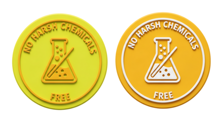 Two circular badges featuring laboratory flasks and text