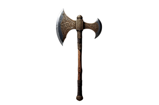 ancient and ornate battle axe with intricate engravings on a dark handle, no background