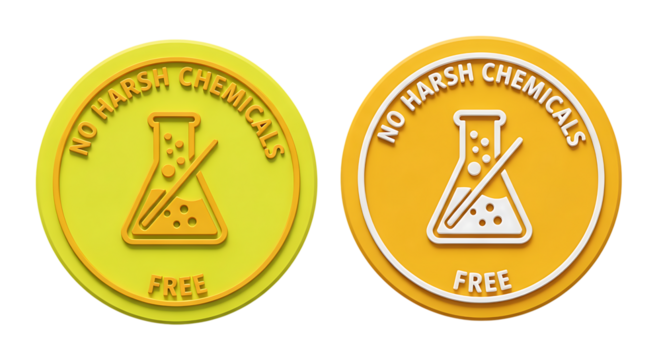 Two circular badges featuring laboratory flasks and text