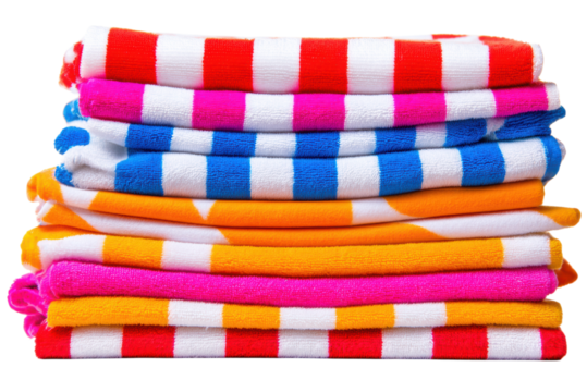 A vibrant stack of striped towels in various colors, neatly arranged and showcasing their soft texture.