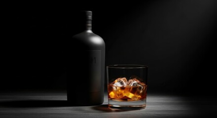 Dark bottle and glass of amber liquid with ice cubes on dark surface