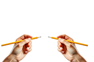 Two hands holding pencils preparing to draw or write against a dark backdrop transparent background