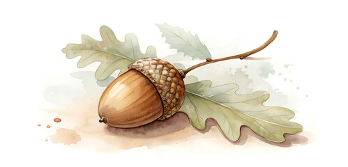 watercolor painting of a single acorn resting on a textured oak leaf, autumn and Thanksgiving themes, educational materials, decorative prints, rustic seasonal branding