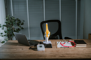 Isolated anatomy knee model on white space background.Orthopedic surgery education about knee pain in patient with ligament injury.White skeleton and blue meniscus on wood table.Sport clinic.