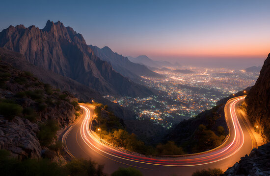 Zigzag mountain road features car light trails at duk in Al Hada, Taif, Saudi rabia. Illuminated city lihts glow below rocky landsape as vehicles create straks of light on winding hihway,