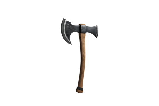 rugged brown wooden axe with a dark grey metal blade, no background
