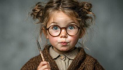 Adorable young girl with glasses dressed as a teache, holding a marker. She wers a brown cardigan and ta shirt, embodying a playfu, educational theme with iagination and creativity.