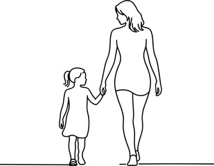 Mother and Daughter Walking Together in Line Art Style Illustration