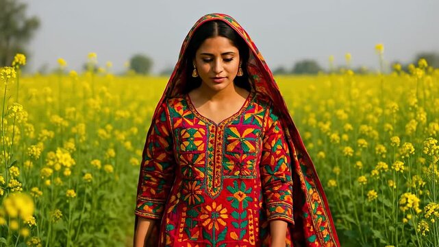 Serene Young Woman in Vibrant Red Phulkari Dress from Punjab Amidst Golden Mustard Field, Showcasing Indian Cultural Beauty
