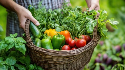 Woman holding a basket of fresh vegetables