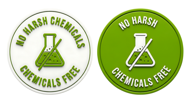 Circular labels indicating no harsh chemicals and chemical free