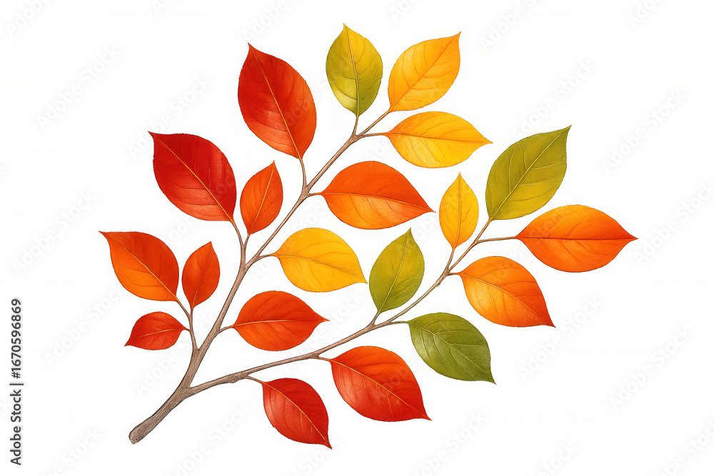 Poster branch with colorful autumn leaves changing color from green to yellow and red, isolated on transpar