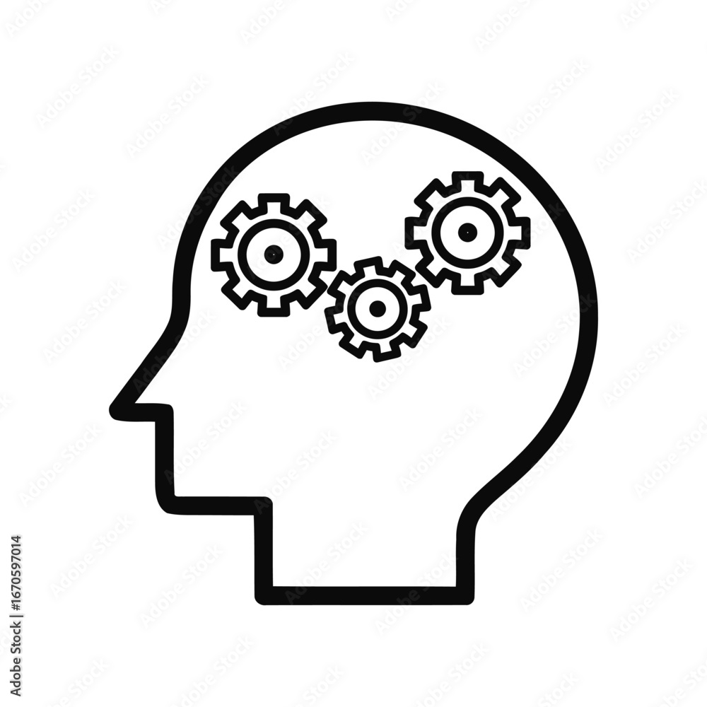 Poster outline of a head with three gears inside representing thinking process and mental activity concept 