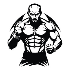 Illustration of a muscular bodybuilder with a determined expression, inside a circle frame