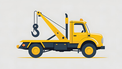 Flat vector illustration of a yellow tow truck with hook, minimal clean style, isolated on white background, vehicle for transport and roadside assistance