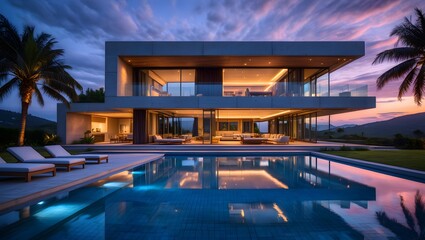 Obraz premium Modern house with pool, luxurious villa with swimming pool at dusk, Luxurious villa with a swimming pool and spacious patio, highlighting elegant and modern architectural design.