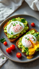 Gourmet avocado toast with poached egg and cherry tomatoes on gray plate