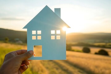 A hand holds a paper house cutout against a golden sunset in a field, symbolizing home ownership, real estate, and the dream of owning a property in a peaceful countryside setting
