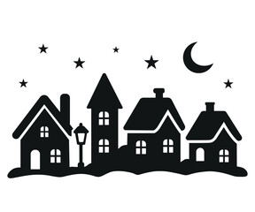 Winter Village Silhouette with Houses, Stars and Moon – Christmas Night Vector Illustration