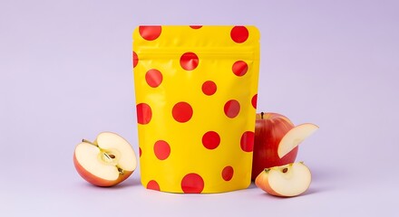 Bright yellow pouch with red polka dots and apples on a purple background