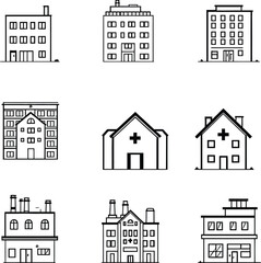 A collection of nine building icons in a grid, including apartments and a hospital, all in black and white