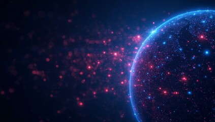 Abstract digital earth with glowing particles and light effects, symbolizing global network, data connection, and futuristic technology concept