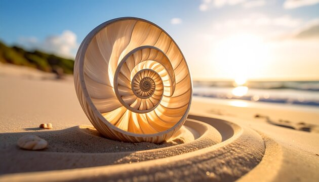 Nautilus shell spiral pattern on a sandy beach at sunset