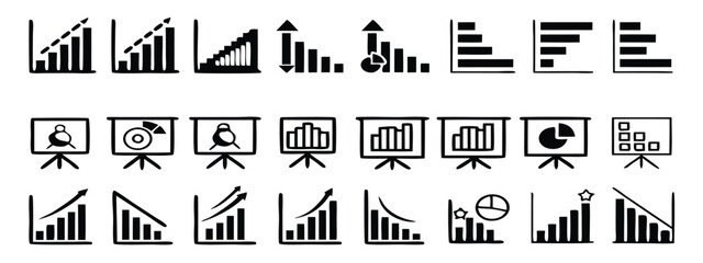 Business graphs and charts icons. Chart and diagram Icon. Business statistics and analytics, charts diagrams, money, down or up arrow. Vector illustration 